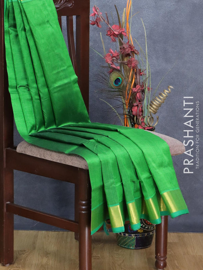 Silk cotton saree green and green shade with plain body and zari woven border - {{ collection.title }} by Prashanti Sarees