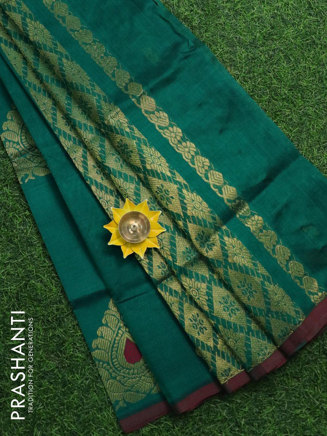 Silk cotton saree green and maroon with zari woven buttas and piping border - {{ collection.title }} by Prashanti Sarees