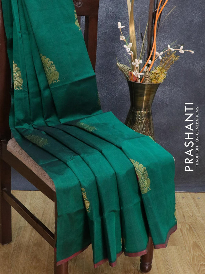 Silk cotton saree green and maroon with zari woven buttas and piping border - {{ collection.title }} by Prashanti Sarees