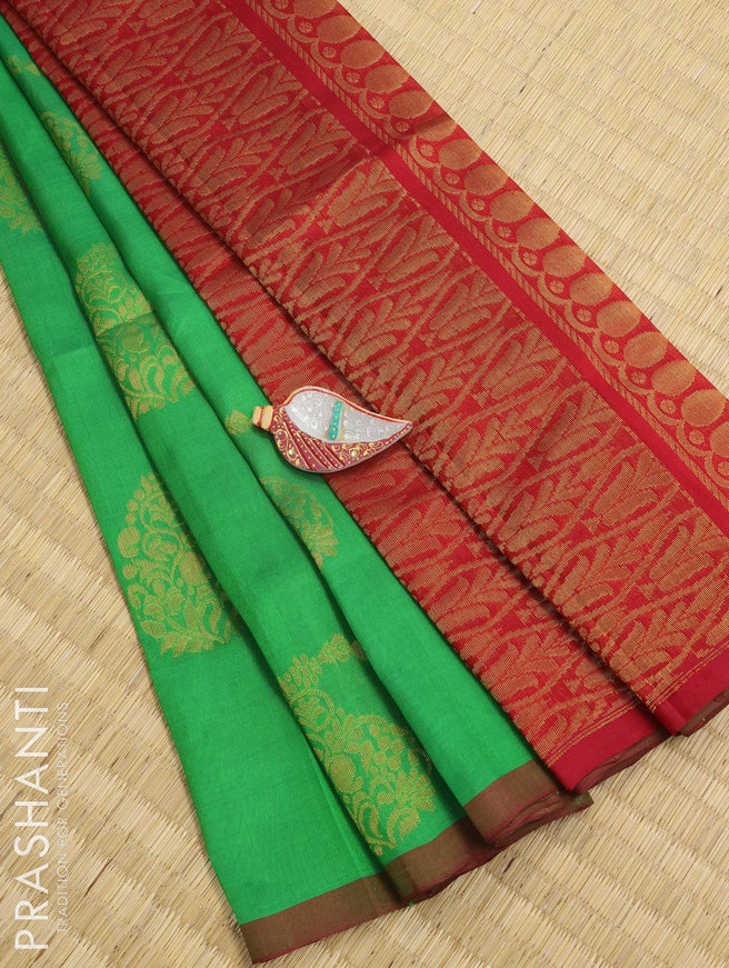 Silk cotton saree green and maroon with zari woven paisley buttas and piping border - {{ collection.title }} by Prashanti Sarees