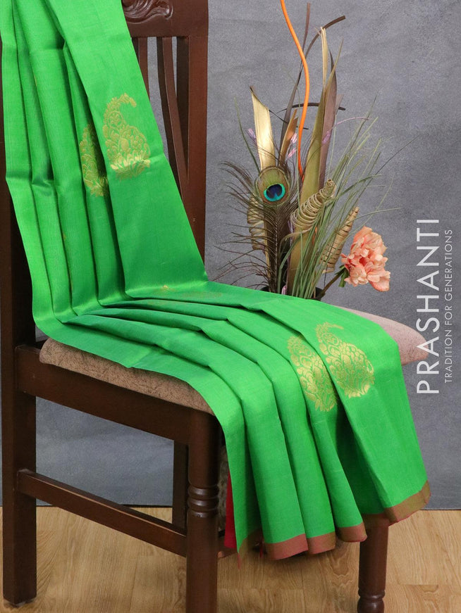 Silk cotton saree green and maroon with zari woven paisley buttas and piping border - {{ collection.title }} by Prashanti Sarees