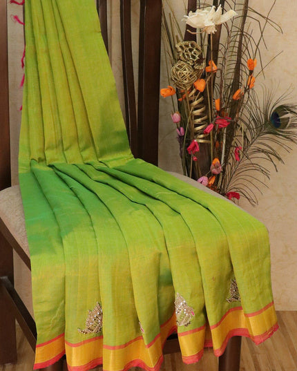 Silk Cotton saree green and pink with hand embroidery and golden zari border - {{ collection.title }} by Prashanti Sarees