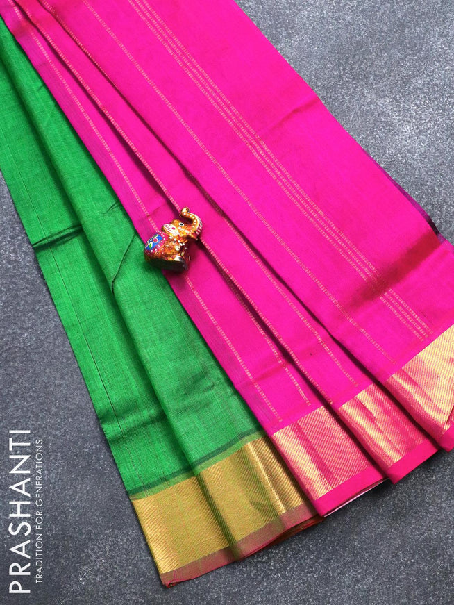 Silk cotton saree green and pink with plain body and zari woven border - {{ collection.title }} by Prashanti Sarees