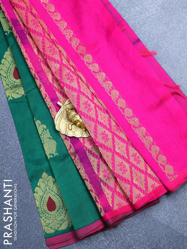 Silk cotton saree green and pink with zari woven buttas and piping border - {{ collection.title }} by Prashanti Sarees