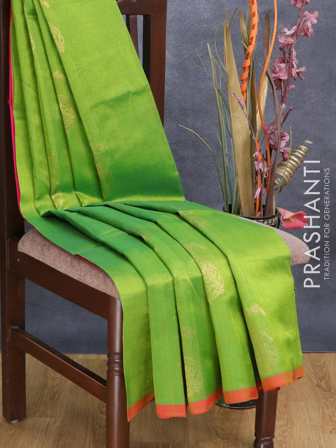 Silk cotton saree green and pink with zari woven paisley buttas and piping border - {{ collection.title }} by Prashanti Sarees