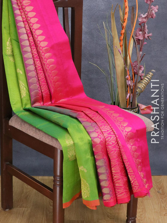 Silk cotton saree green and pink with zari woven paisley buttas and piping border - {{ collection.title }} by Prashanti Sarees