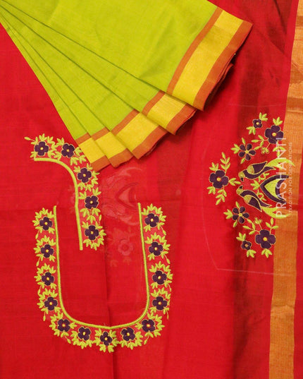 Silk cotton saree green and red with zari woven border and embroidered blouse - {{ collection.title }} by Prashanti Sarees