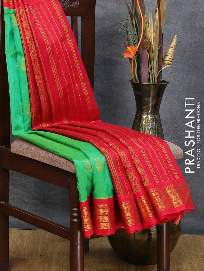 Silk cotton saree green and red with zari woven buttas and zari woven korvai border - {{ collection.title }} by Prashanti Sarees