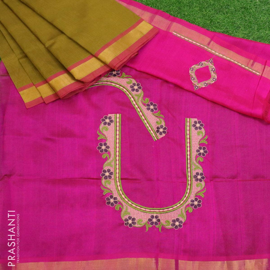 Silk cotton saree green shade and pink with plain body and simple zari woven border - {{ collection.title }} by Prashanti Sarees