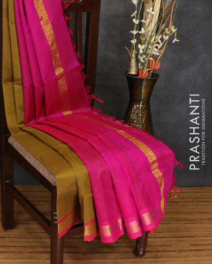 Silk cotton saree green shade and pink with plain body and simple zari woven border - {{ collection.title }} by Prashanti Sarees