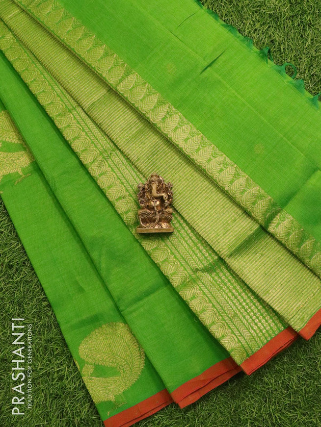 Silk cotton saree green with paithani buttas and piping border - {{ collection.title }} by Prashanti Sarees
