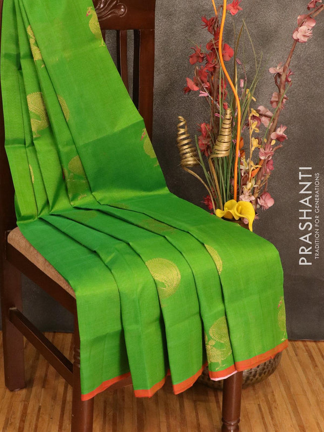 Silk cotton saree green with paithani buttas and piping border - {{ collection.title }} by Prashanti Sarees