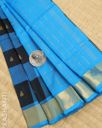 Silk cotton saree light blue and black with allover paalum pazhamum checked pattern zari buttas and zari woven border - {{ collection.title }} by Prashanti Sarees