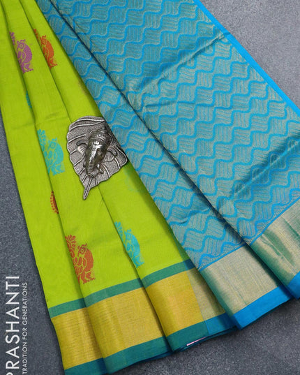 Silk cotton saree light green and light blue with thread woven annam buttas and zari woven border - {{ collection.title }} by Prashanti Sarees