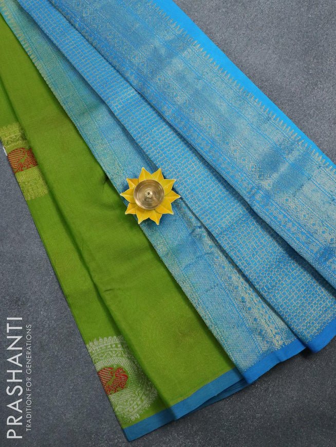 Silk cotton saree light green and light blue with zari woven buttas and piping border - {{ collection.title }} by Prashanti Sarees