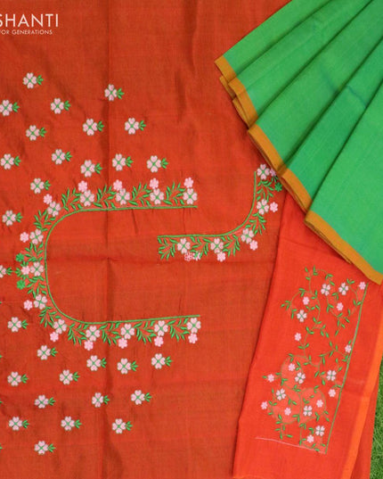 Silk cotton saree light green and orange with plain body and piping border - {{ collection.title }} by Prashanti Sarees