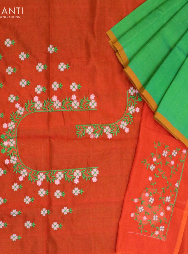 Silk cotton saree light green and orange with plain body and piping border - {{ collection.title }} by Prashanti Sarees