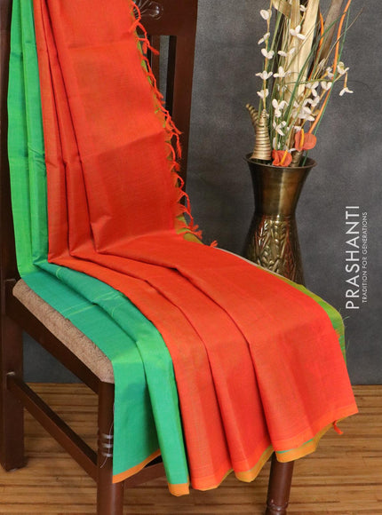 Silk cotton saree light green and orange with plain body and piping border - {{ collection.title }} by Prashanti Sarees