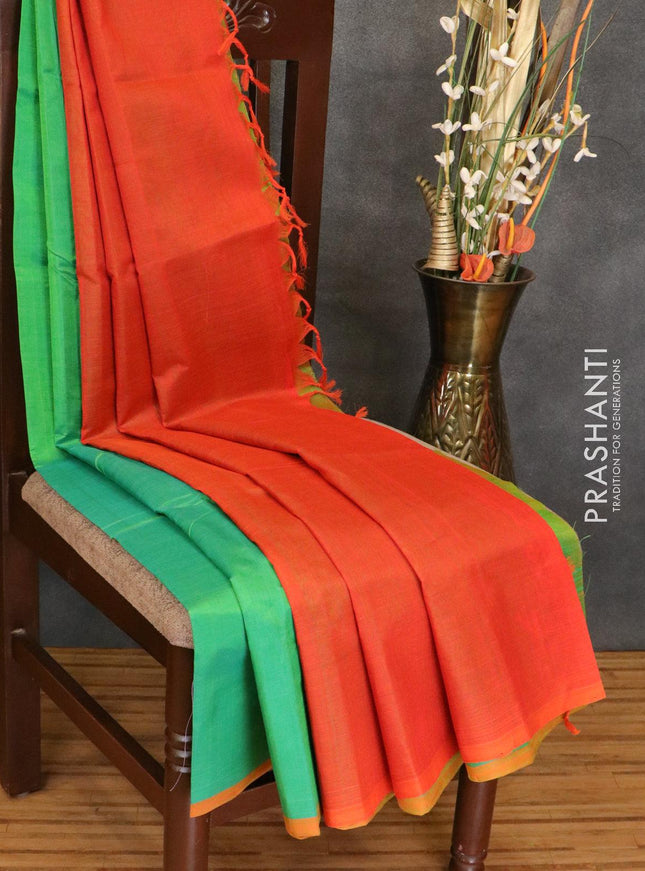 Silk cotton saree light green and orange with plain body and piping border - {{ collection.title }} by Prashanti Sarees
