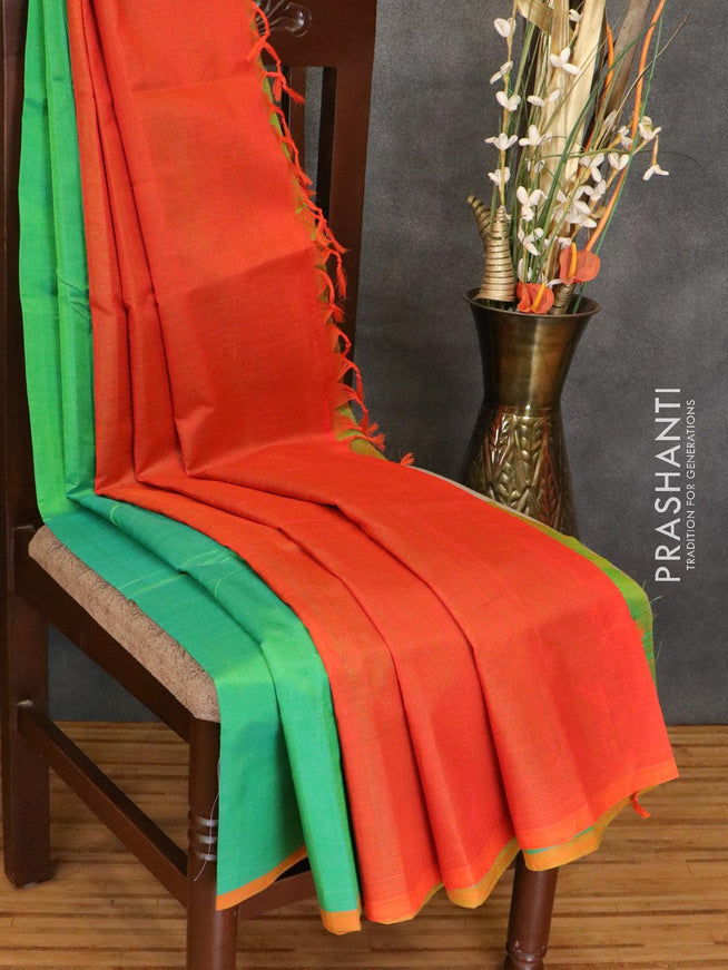 Silk cotton saree light green and orange with plain body and piping border - {{ collection.title }} by Prashanti Sarees