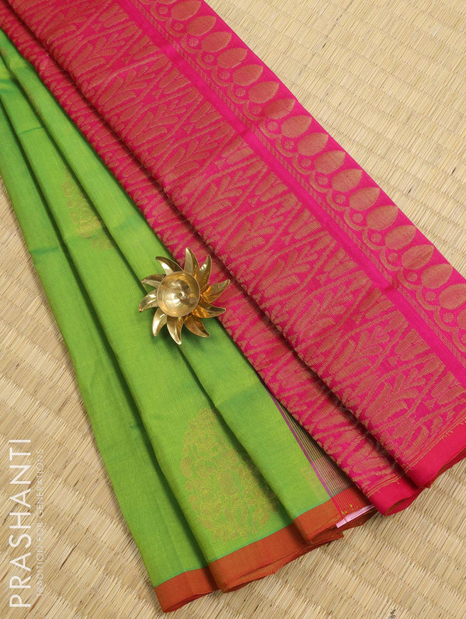 Silk cotton saree light green and pink with zari woven paisley buttas and piping border - {{ collection.title }} by Prashanti Sarees