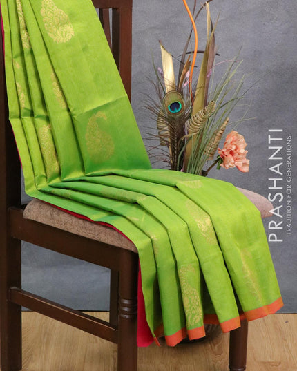 Silk cotton saree light green and pink with zari woven paisley buttas and piping border - {{ collection.title }} by Prashanti Sarees