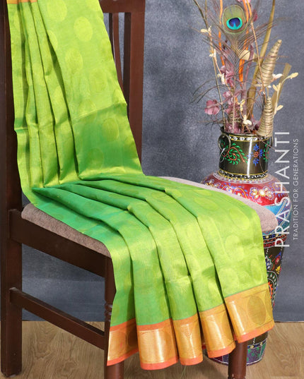 Silk cotton saree light green and red with allover self emboss and rudhraksha zari woven border - {{ collection.title }} by Prashanti Sarees
