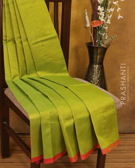 Silk cotton saree light green and red with piping border and thread embroided blouse - {{ collection.title }} by Prashanti Sarees