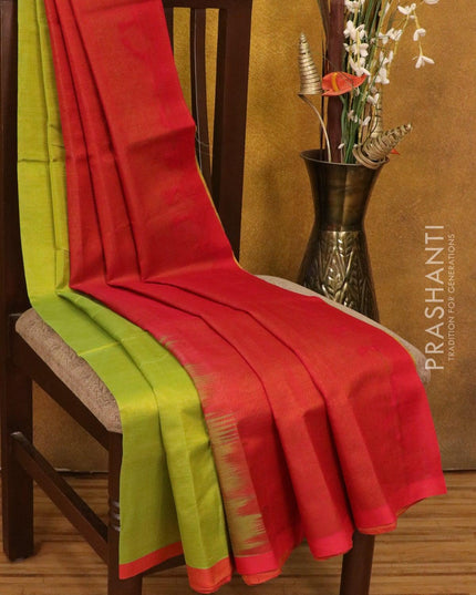 Silk cotton saree light green and red with piping border and thread embroided blouse - {{ collection.title }} by Prashanti Sarees