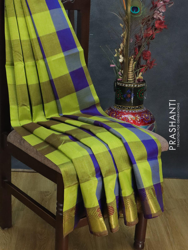 Silk cotton saree lime green and blue with allover paalum pazhamum checks & annam buttas and temple zari woven border - {{ collection.title }} by Prashanti Sarees
