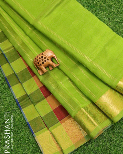 Silk cotton saree multi colour and light green with allover zari checks and rettapet zari woven border - {{ collection.title }} by Prashanti Sarees