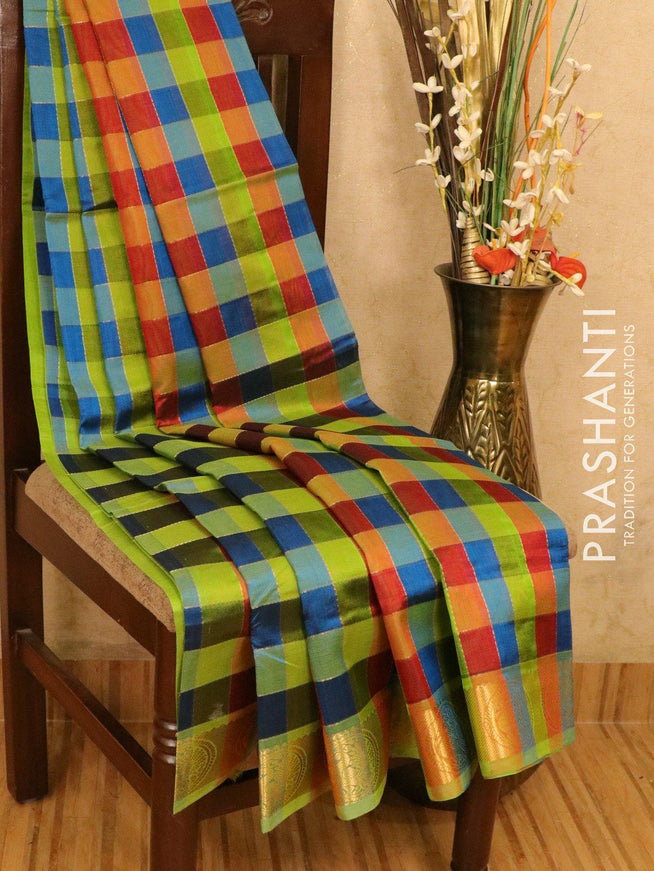 Silk cotton saree multi colour and light green with allover zari checks and rettapet zari woven border - {{ collection.title }} by Prashanti Sarees