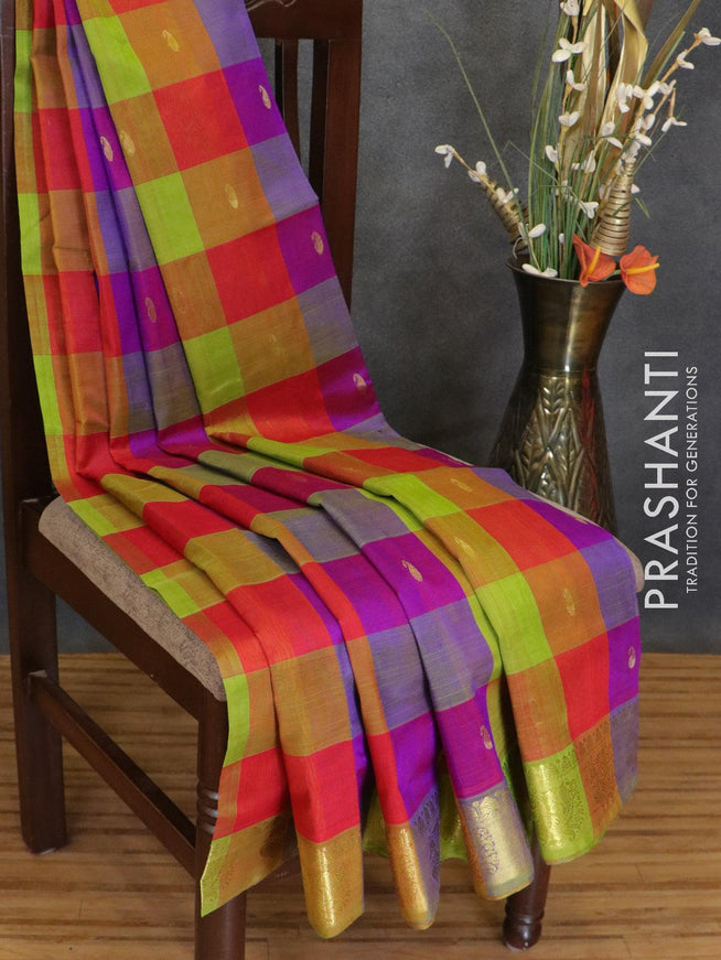 Silk cotton saree multi colour and light green with paalum pazhamum checks paisley buttas and annam zari woven border - {{ collection.title }} by Prashanti Sarees