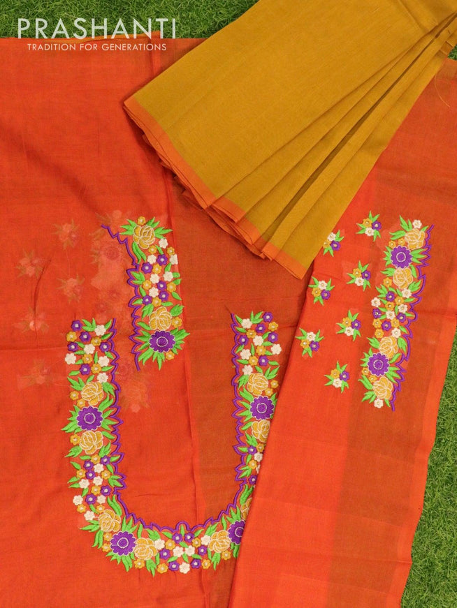 Silk cotton saree mustard and rustic orange with piping border and thread embroided blouse - {{ collection.title }} by Prashanti Sarees