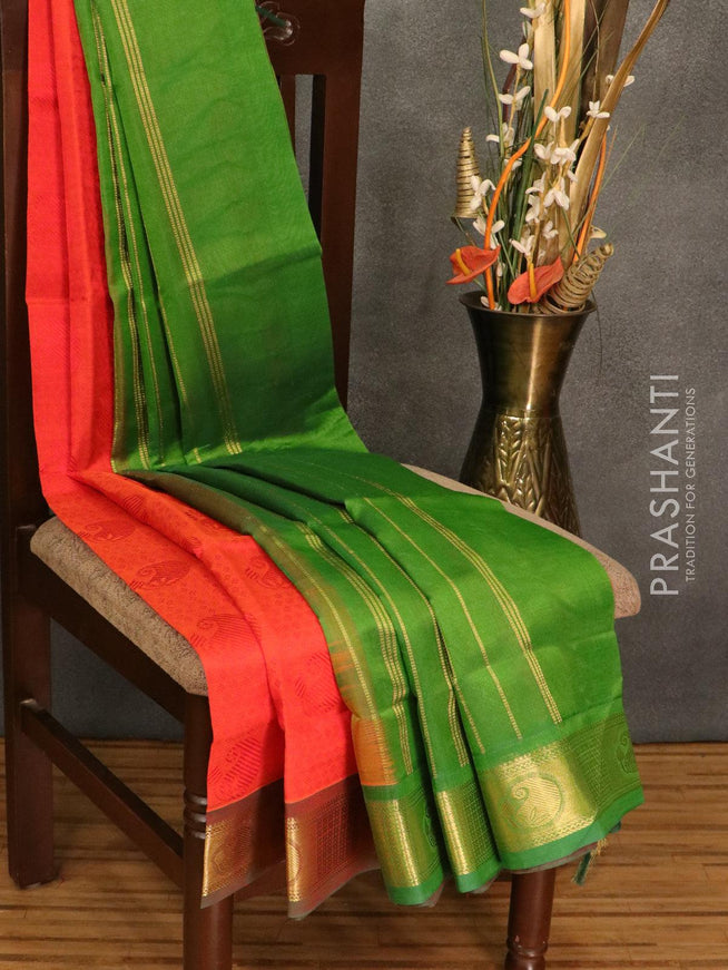 Silk cotton saree orange and green with allover self emboss jacquard and zari woven border - {{ collection.title }} by Prashanti Sarees