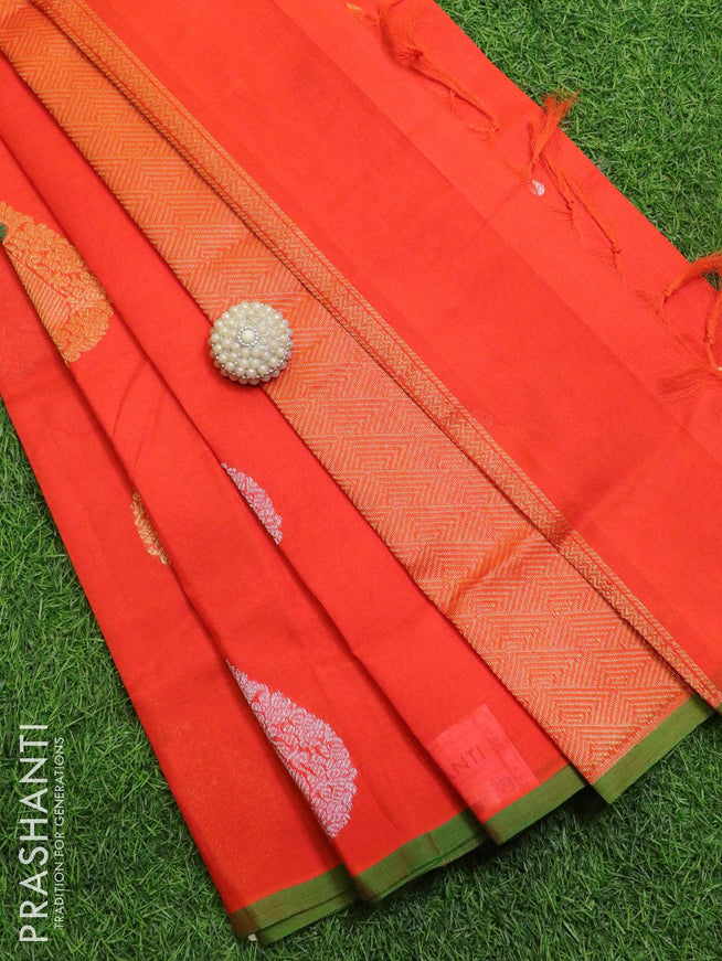 Silk cotton saree orange and green with paithani buttas and piping border - {{ collection.title }} by Prashanti Sarees
