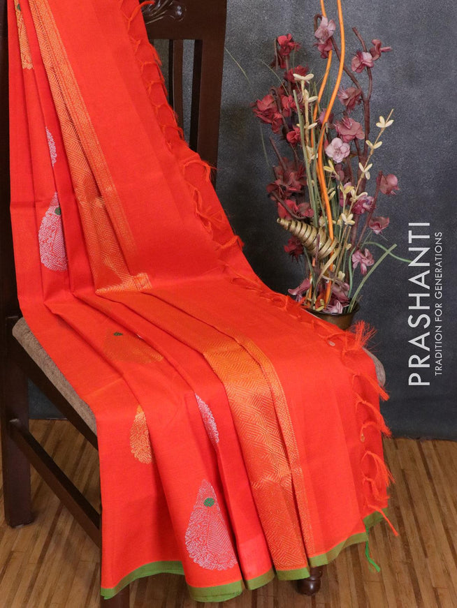 Silk cotton saree orange and green with paithani buttas and piping border - {{ collection.title }} by Prashanti Sarees