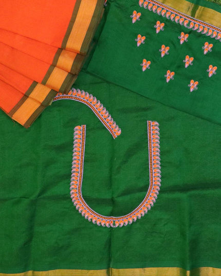 Silk cotton saree orange and green with plain body and piping border - {{ collection.title }} by Prashanti Sarees