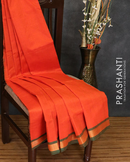 Silk cotton saree orange and green with plain body and piping border - {{ collection.title }} by Prashanti Sarees