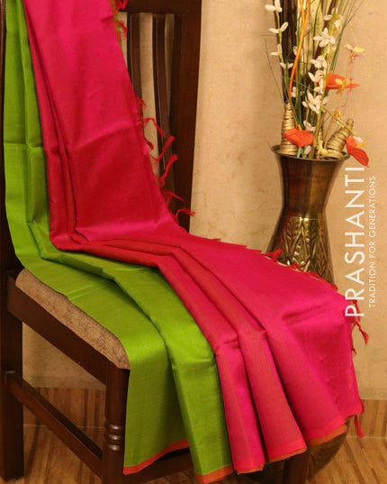 Silk cotton saree parrot green and pink with piping border and embroided blouse - {{ collection.title }} by Prashanti Sarees