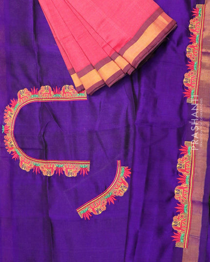 Silk cotton saree pink and blue with zari woven border and embroidered blouse - {{ collection.title }} by Prashanti Sarees