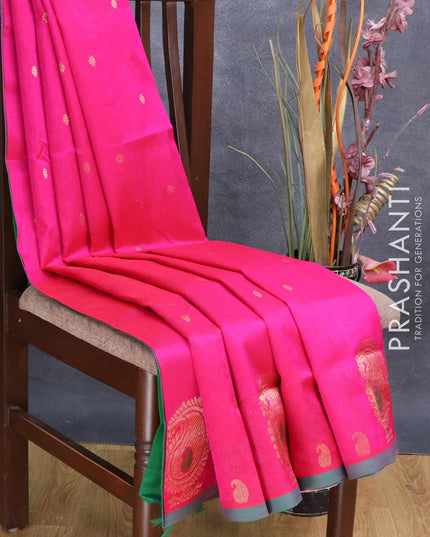 Silk cotton saree pink and green with zari woven buttas and piping border - {{ collection.title }} by Prashanti Sarees