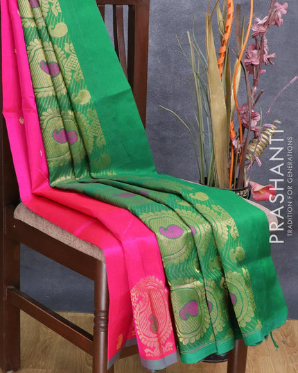 Silk cotton saree pink and green with zari woven buttas and piping border - {{ collection.title }} by Prashanti Sarees