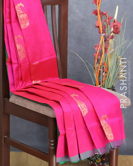 Silk cotton saree pink and green with zari woven paisley buttas and piping border - {{ collection.title }} by Prashanti Sarees
