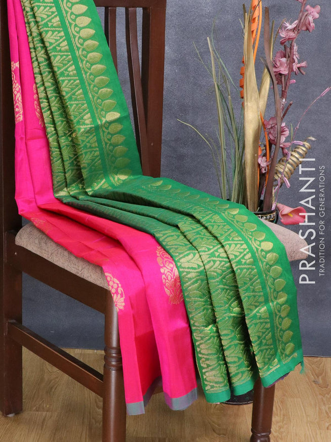 Silk cotton saree pink and green with zari woven paisley buttas and piping border - {{ collection.title }} by Prashanti Sarees