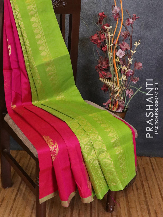 Silk cotton saree pink and light green with floral zari woven buttas and piping border - {{ collection.title }} by Prashanti Sarees