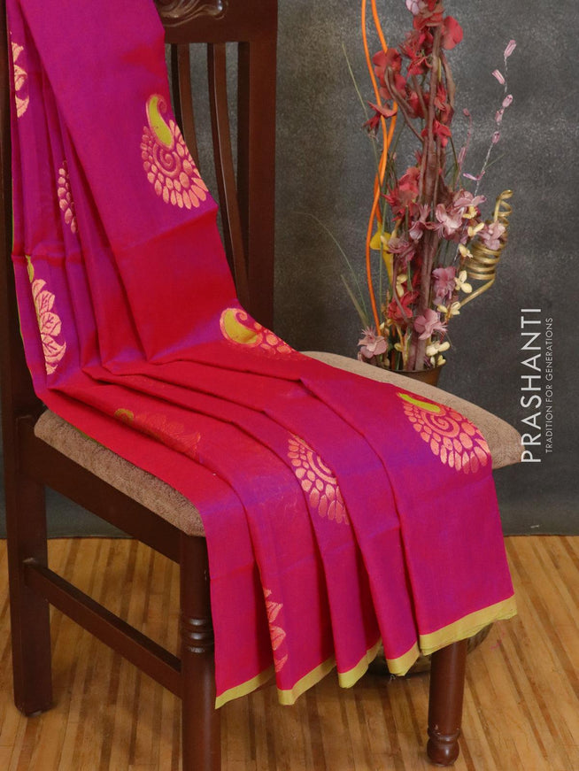 Silk cotton saree pink and light green with zari woven paithani buttas and piping border - {{ collection.title }} by Prashanti Sarees