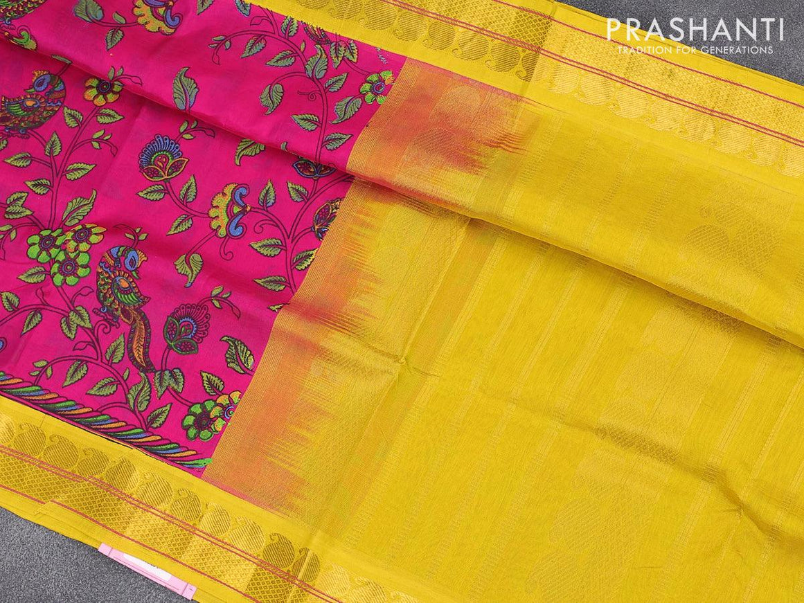 Silk cotton saree pink and yellow with allover kalamkari prints and paisley design zari woven korvai border - {{ collection.title }} by Prashanti Sarees