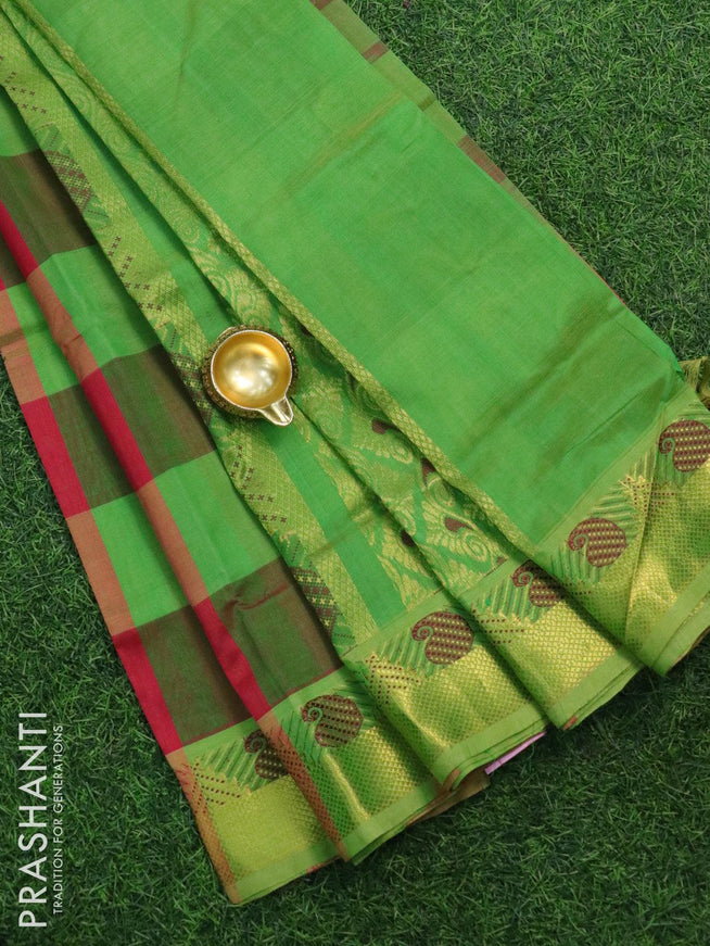 Silk cotton saree red and light green with allover paalum pazhamum checks & annam buttas and temple zari woven border - {{ collection.title }} by Prashanti Sarees