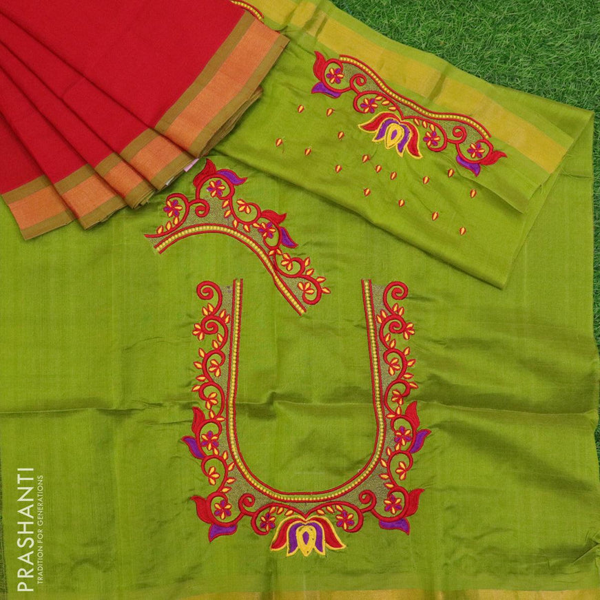 Silk cotton saree red and light green with plain body and simple zari woven border - {{ collection.title }} by Prashanti Sarees